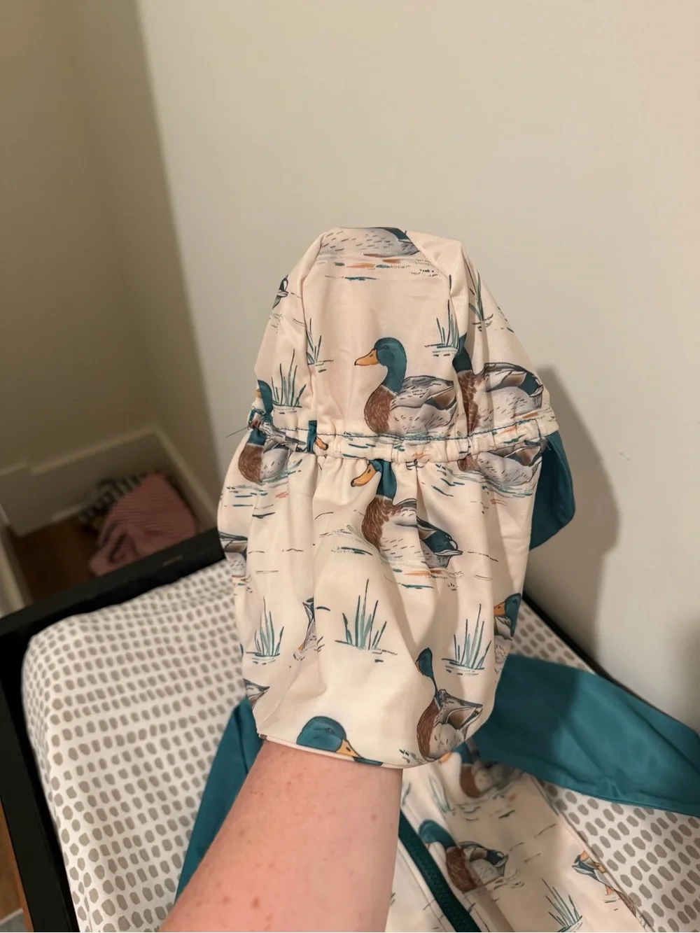 Duck-Print Teal & Cream Kids Rashguard Swimsuit with Sun Hat